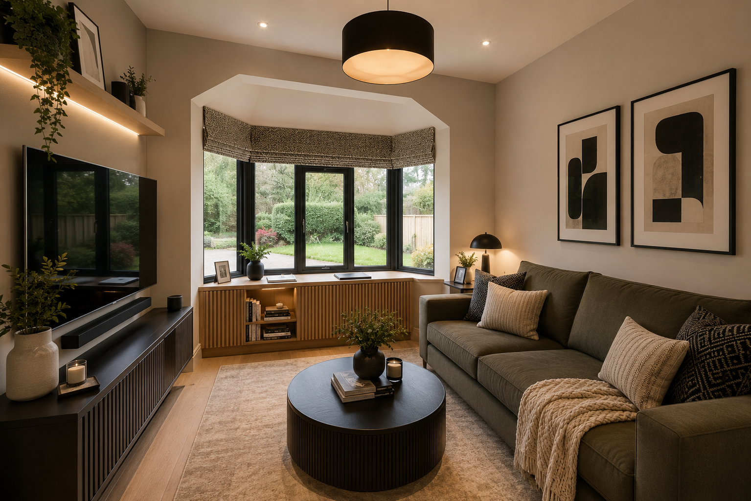 Sculptural interior detail with burnt orange sofa