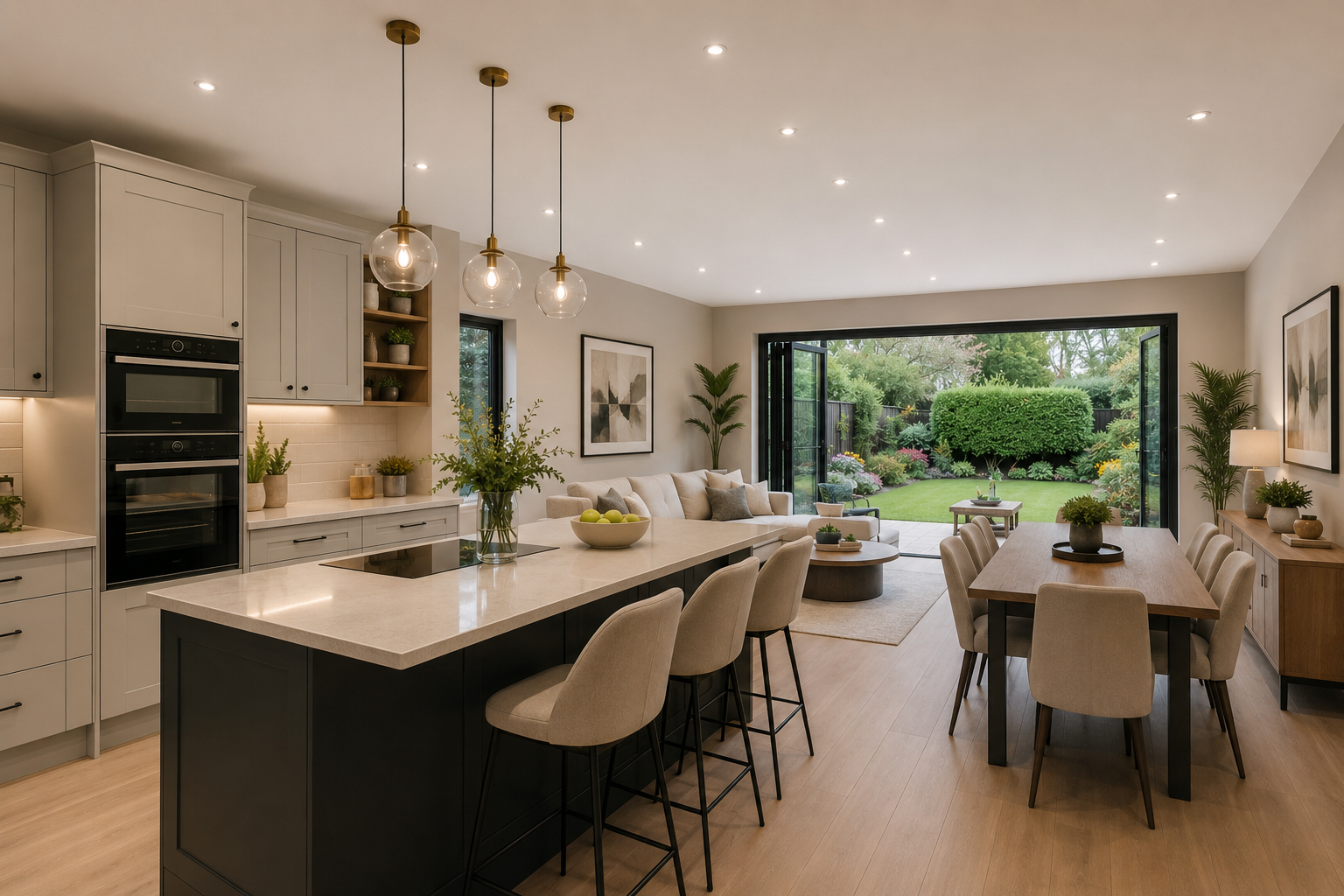 Luxury kitchen with marble island and pendant lighting
